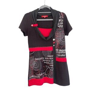 Le Grenier M Short Sleeve Draped Neck Graphic Print Mini Dress Tunic Red Black